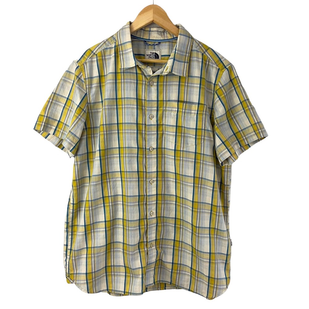 The North Face Men's Short Sleeve Casual Button Down Shirt Yellow Gray Plaid XL